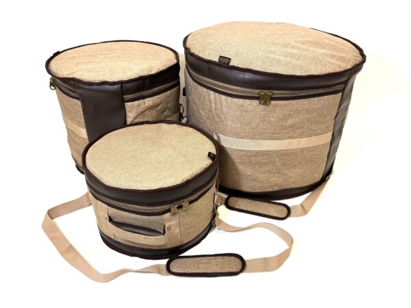 Barton 3-Piece Drum Bag Set - 13X9, 16X16, 24X14 (Tom Tom, Floor Tom, Bass Drum) - 600D with Faux Leather Trim, Color - Tawny Brown