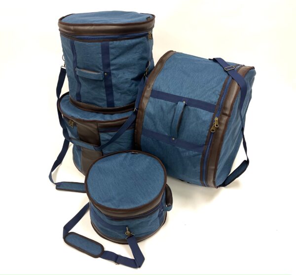 Barton 4-Piece Drum Bag Set - 13X9, 16X16, 18X16, 24X14 (Tom Tom, Floor Tom, Floor Tom, Bass Drum) - 600D with Faux Leather Trim, Color - Blue Oxford